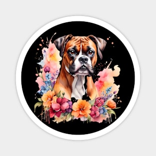 A boxer dog decorated with beautiful watercolor flowers Magnet